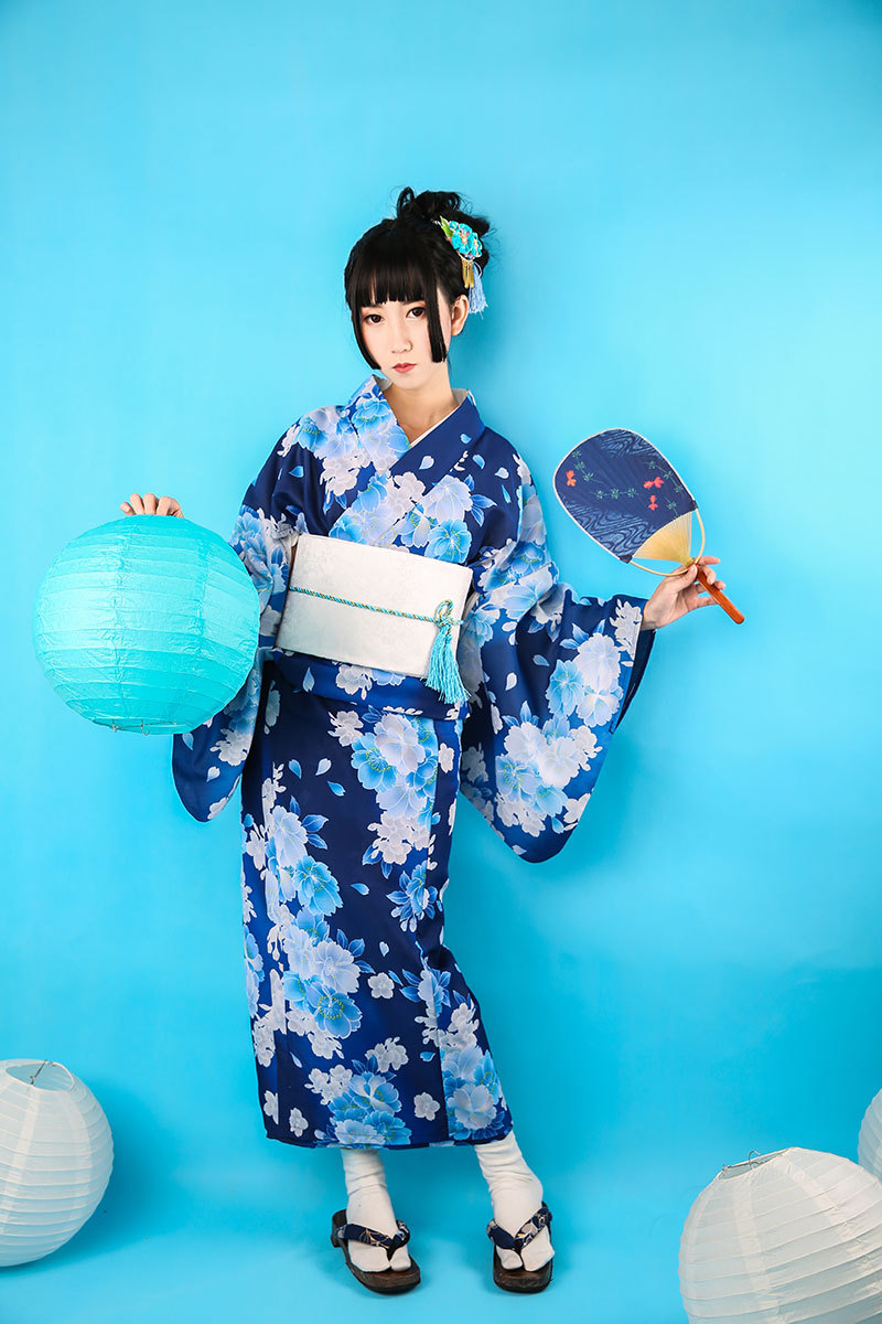日本和服浴衣女蓝色山茶花改良和服正装传统和服