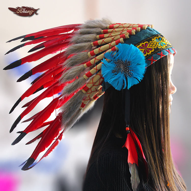厂家直销印第安头饰印第安酋长羽毛头戴传统舞台演出头饰装饰道具