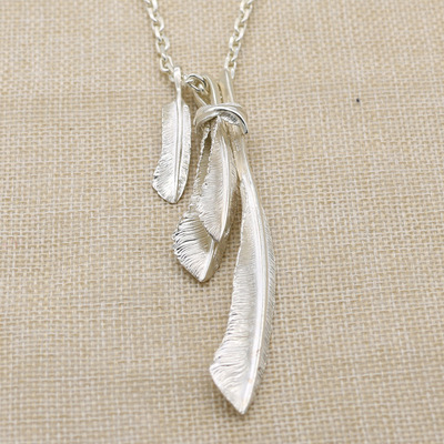 潮流银饰s925纯银高桥羽毛吊坠项链男发型师潮人个性配饰毛衣链女