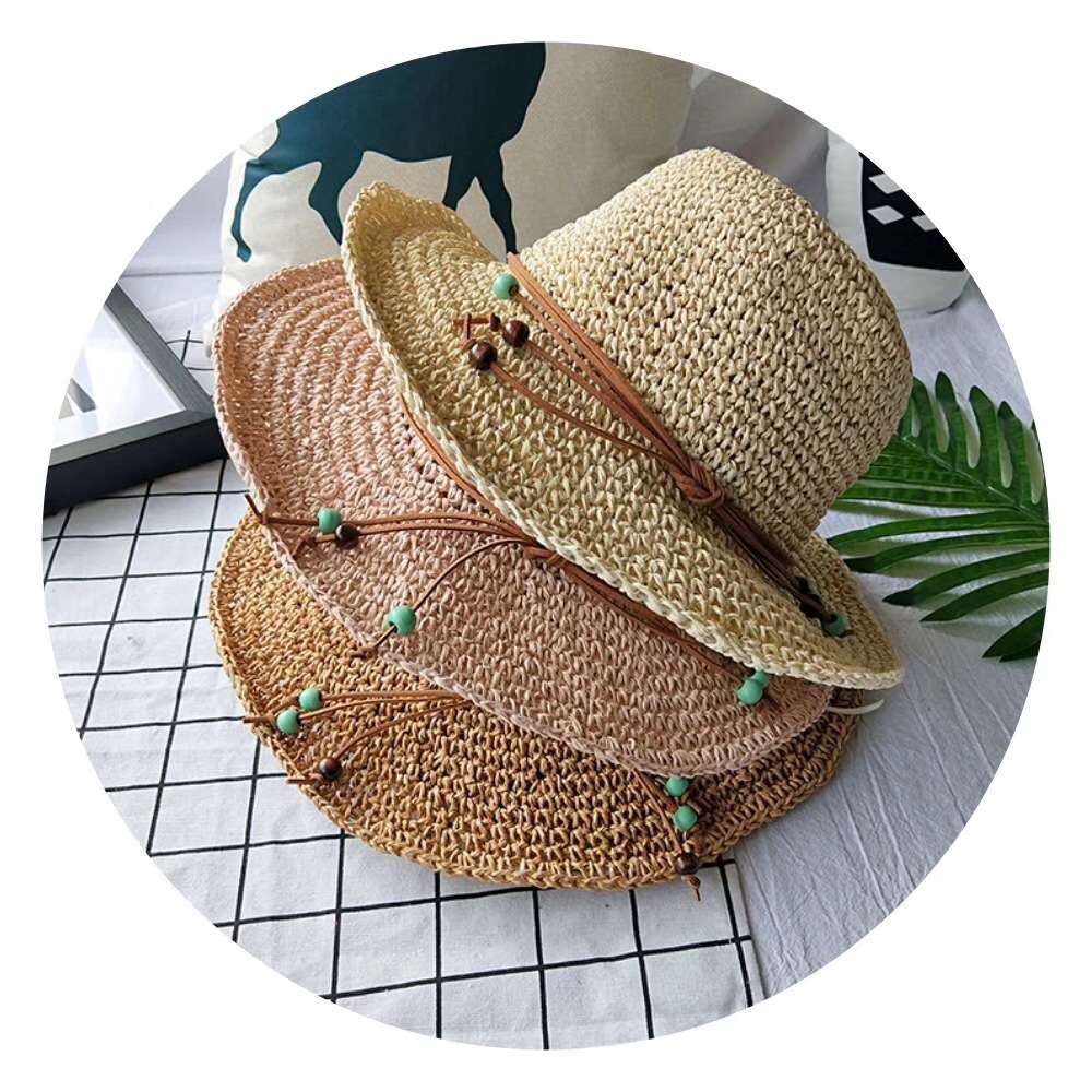 夏季儿童草帽宽檐手工钩织可折叠草帽出游度假草编沙滩镂空帽亲子