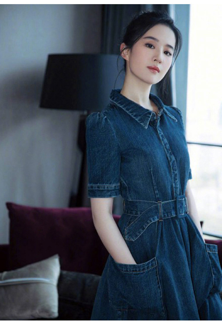明星刘亦菲同款2018早秋新款欧美修身显瘦中长款a字牛仔连衣裙女