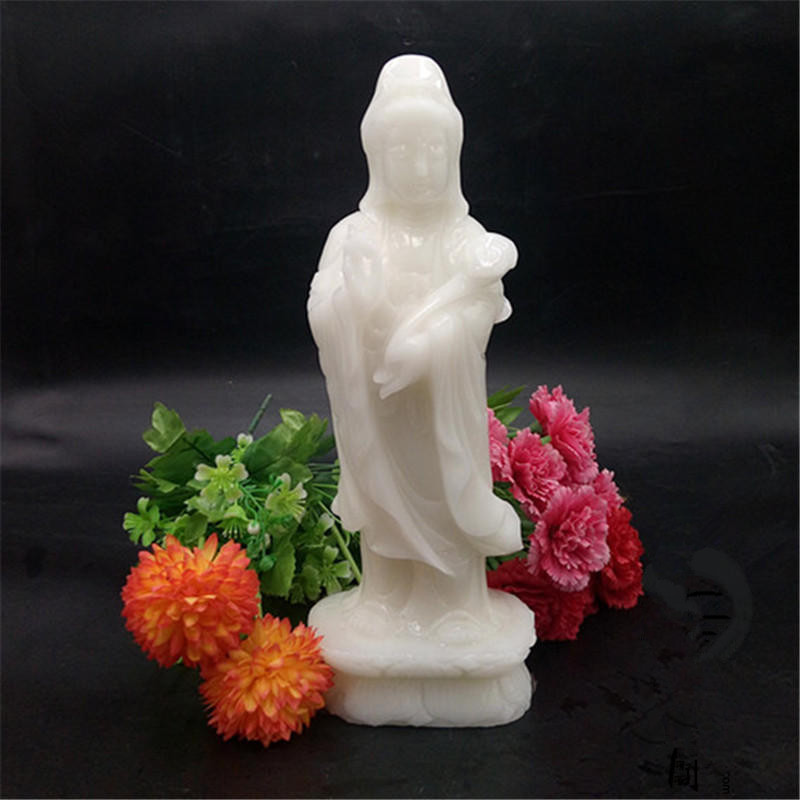 天然阿富汗玉站观音摆件莲花如意观音菩萨家居客厅菩萨保平安摆件