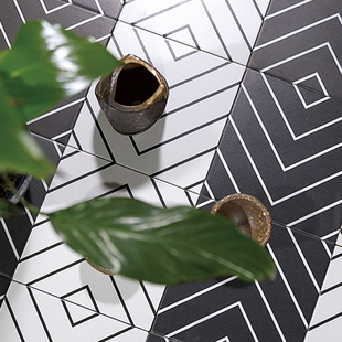 迷宫几何线条黑白花砖卫生间防滑地砖花片200艺术哑光瓷砖300墙砖