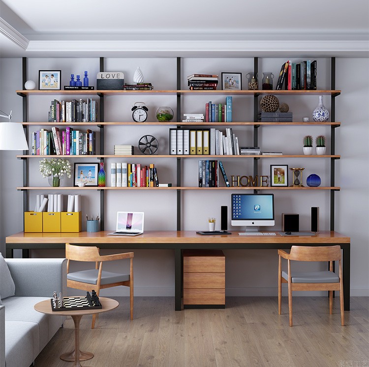 北欧实木书房带架子书桌组合 创意客厅家用墙上置物书架电脑桌
