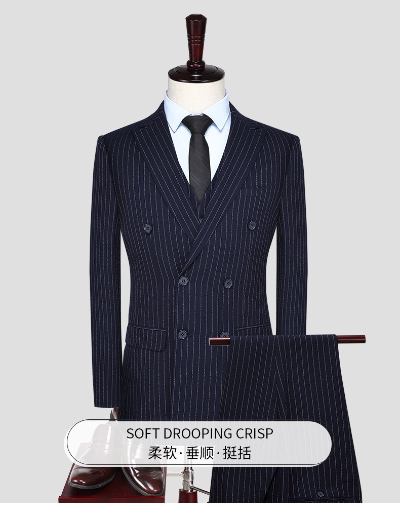 2018秋冬季西服条纹双排扣修身伴郎新郎结婚礼服西装套装三件套