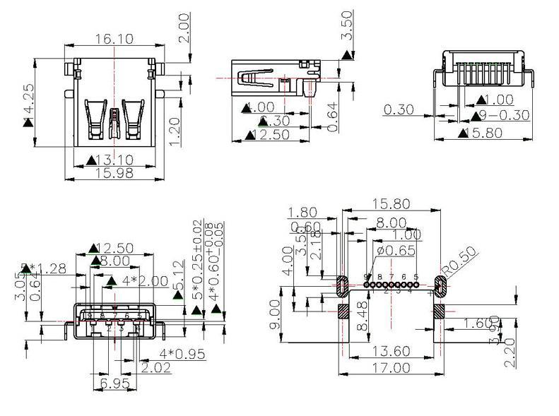 3.0卧式usb插座沉板式/3.0沉板卧式usb母座3.0/卧式3.0usb座沉板