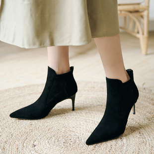 冬季新款舒适牛皮磨砂保暖女士短靴高跟细跟尖头马丁靴鞋厂家直销