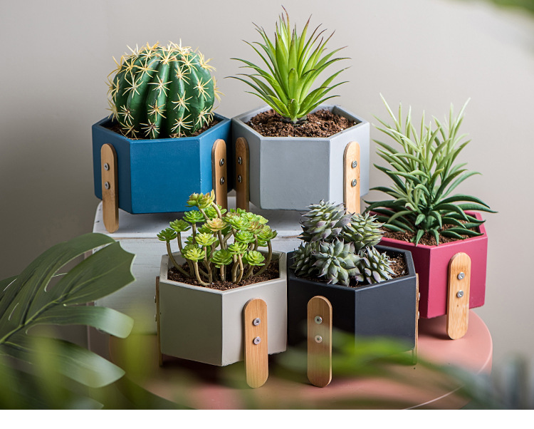 金鹊北欧桌面竹脚花架办公多肉花盆创意简约客厅阳台水泥六角花盆