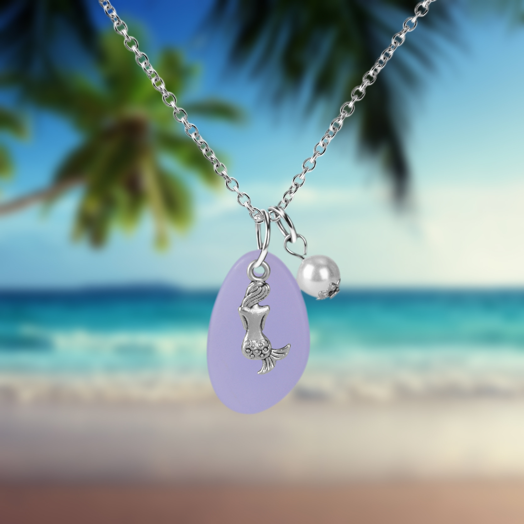 水蓝色 紫色 海玻璃项链海滩海玻璃珠宝海星美人鱼项链