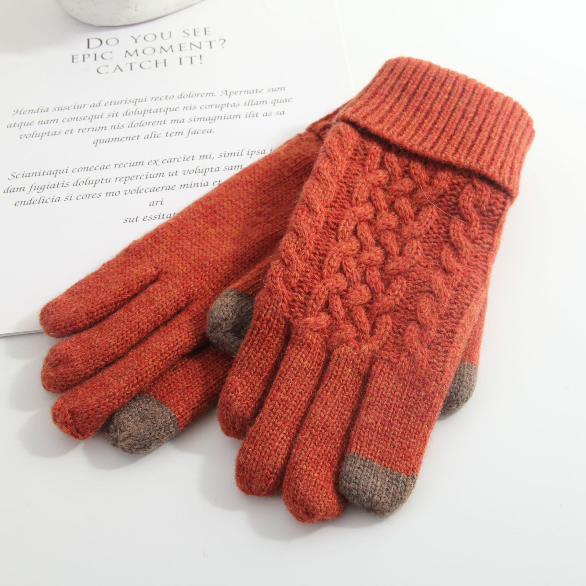 秋冬新款保暖针织毛线加长加厚分指手套女加绒内里触摸屏分指手套