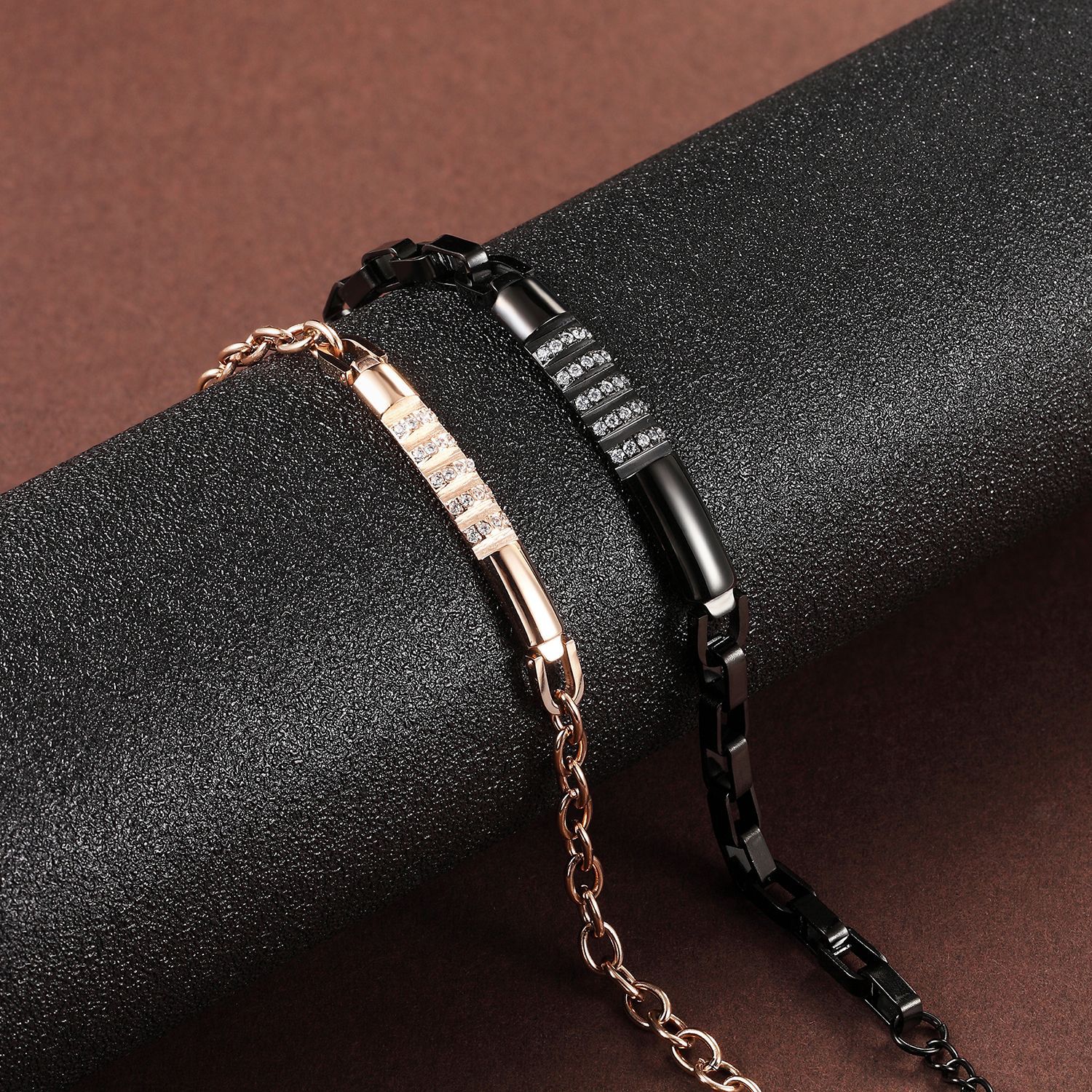 韩版时尚钛钢情侣钛钢手链,黑色 玫金情人手链 七夕情人节礼物