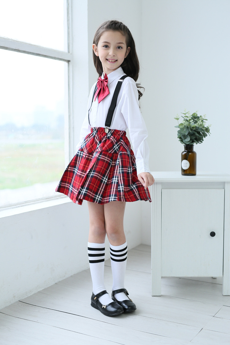 女童新款红色蓝色格子半身裙百褶校服短裙中小学生英伦学院风裙子