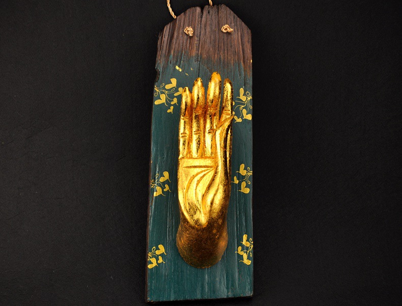 泰国木雕墙饰挂件泰式家居饰品金手印装饰挂件金佛手柚木板壁挂