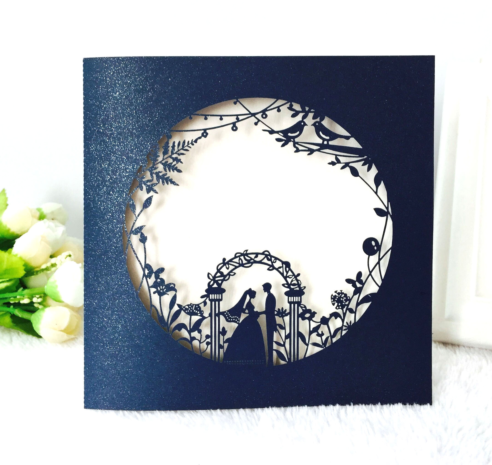 深蓝色镂空请柬 节日祝福贺卡 墨兰色邀请函卡片 深圳请帖定制