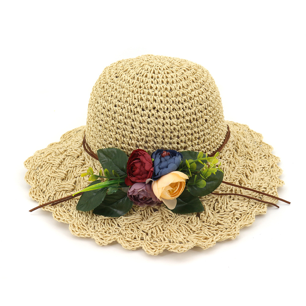 手工花朵小清新草帽女春夏季新款防晒遮阳户外防晒可折叠大檐帽子