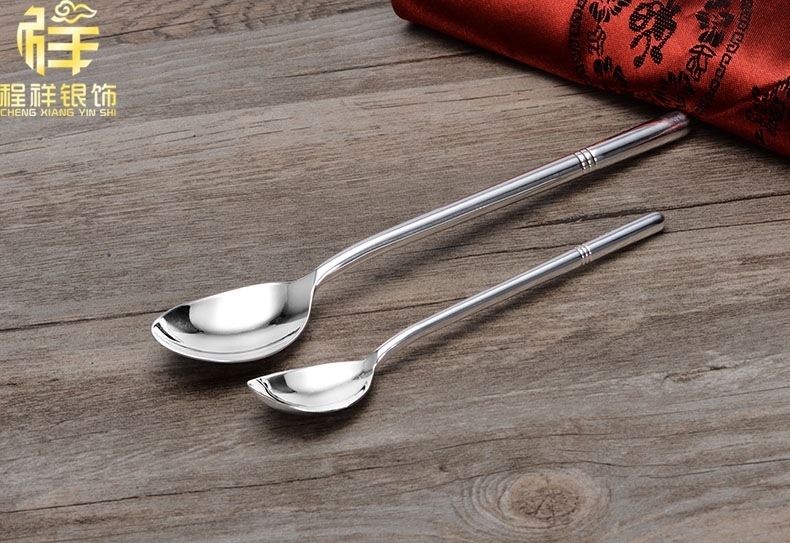 光面纯银勺子999足银汤勺宝宝儿童长柄汤匙小孩纯银餐具家用食级