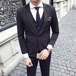 2018新款男士单扣竖西装经典条纹修身西服套装男发型师职业三件套