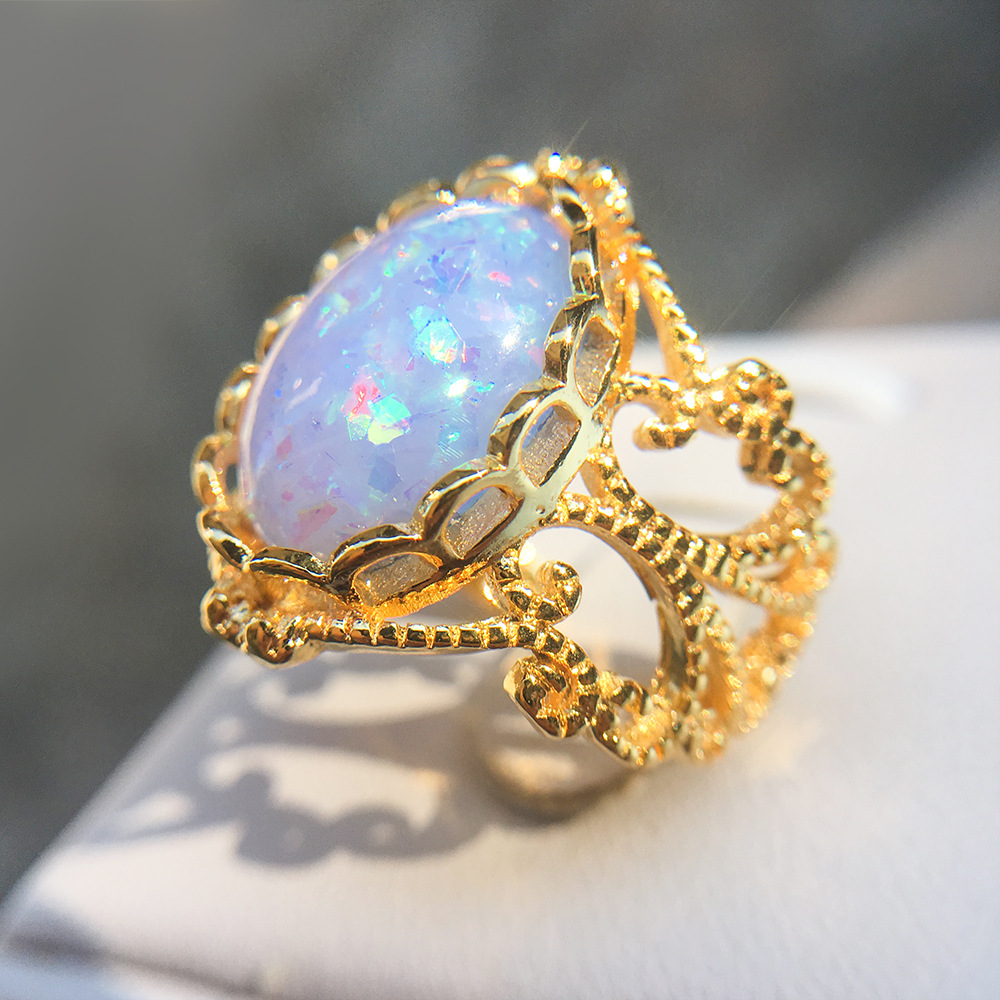 日系轻珠宝精工天然旦形澳宝925银戒指女镶宝石镀10k黄金复古饰品