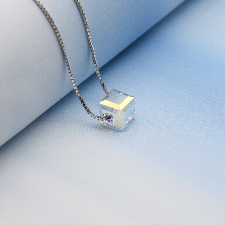 水晶方糖项链女925纯银项链套链 时尚魔方吊坠银锁骨链银饰品礼物