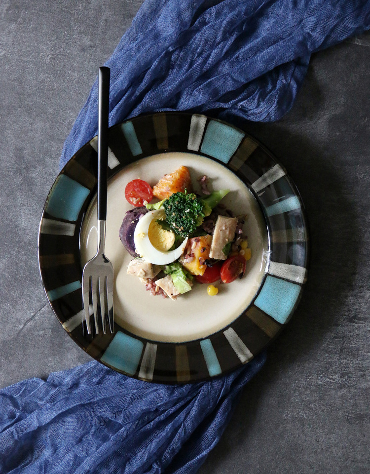 美式陶瓷餐具创意格子西餐盘饭盘家用饭菜盘早餐盘水果盘装饰挂盘