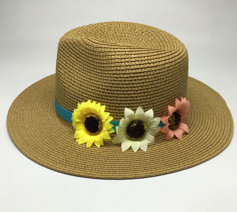 时尚巴拿马帽草帽向日葵花装饰夏季出游防晒遮阳大沿礼帽