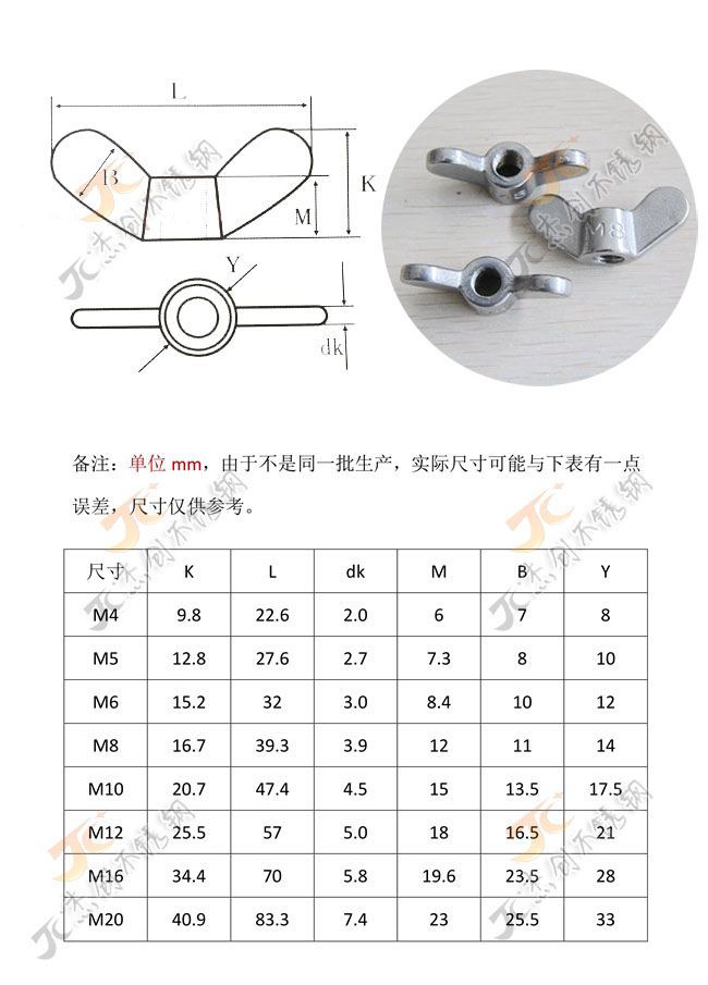 产品品牌: 杰创 产品名称: 不锈钢蝶形螺母 产品标准: 见下图列表