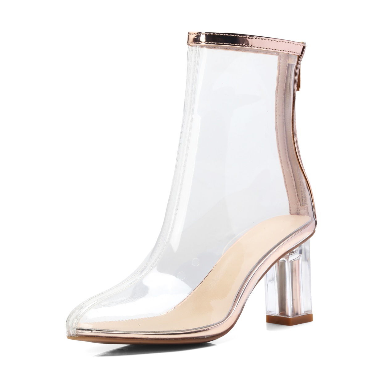 2018年新品水晶跟高跟透明短靴简约时装潮靴外贸大码时尚品质女靴