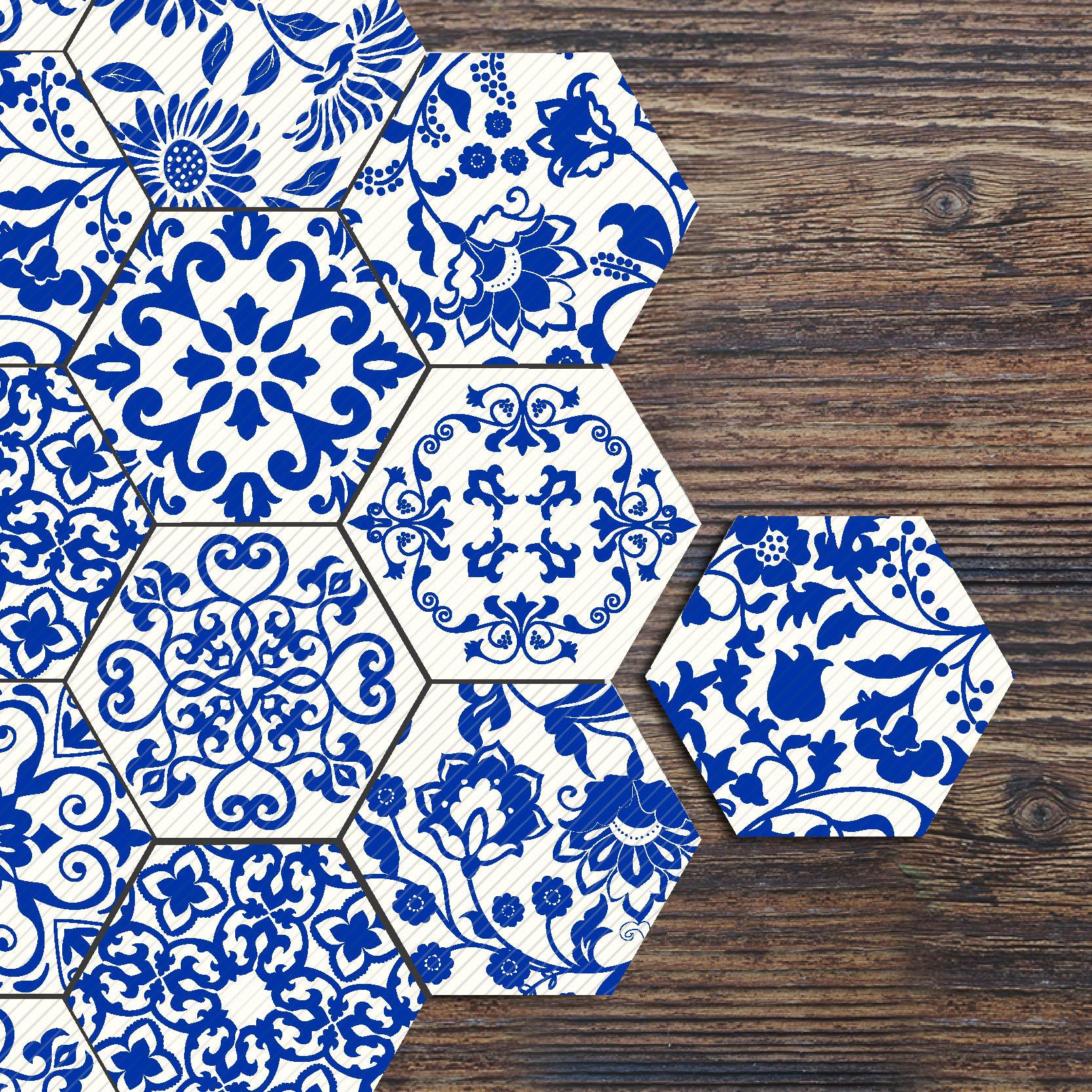 新款青花瓷立体六角瓷砖贴浴室厨房家居防滑地贴diy拼接墙贴lb028