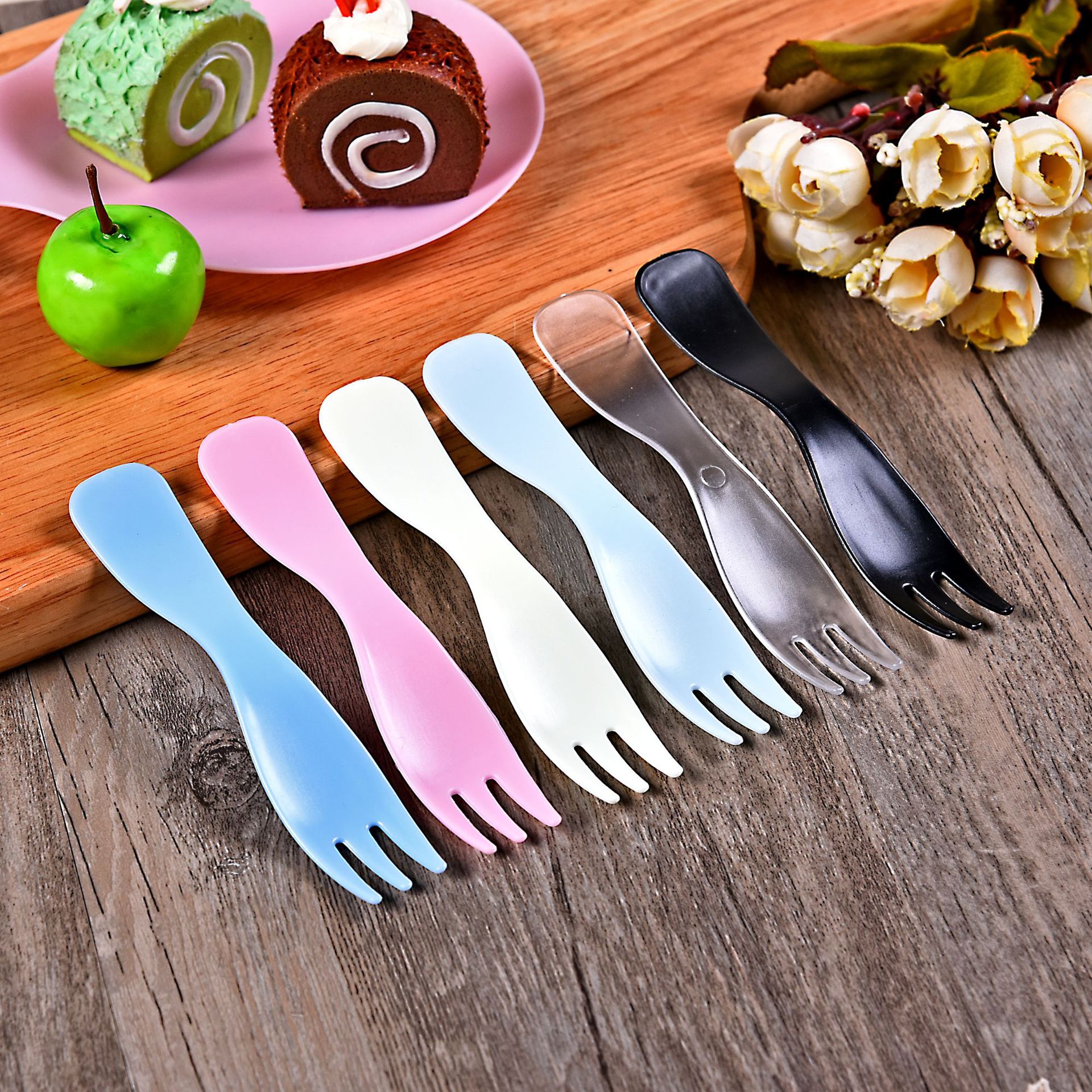一次性塑料波浪形生日蛋糕水果叉子 烘焙用品西点餐具5个独立包装