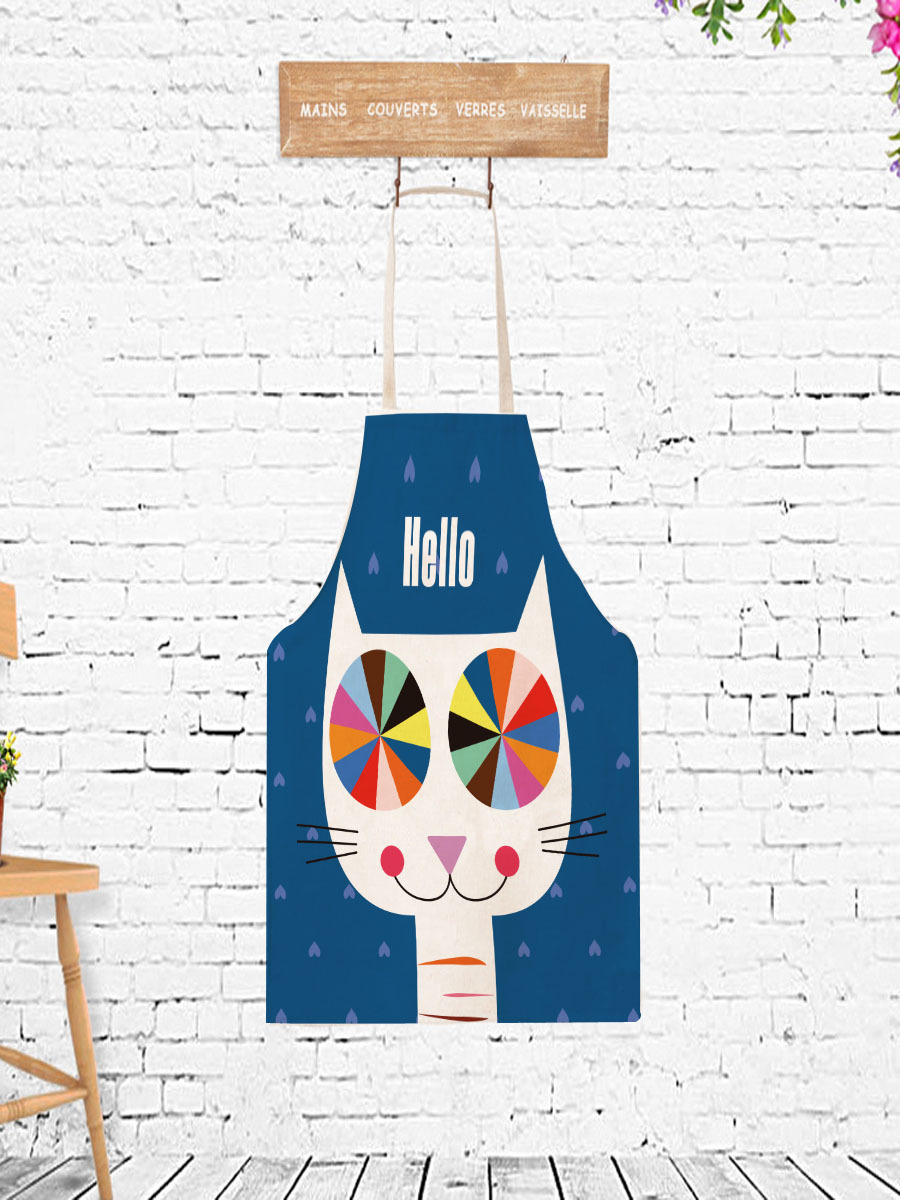 围裙定制可印logo挂脖韩版卡通猫咪围裙厨房超市围腰成人儿童围裙