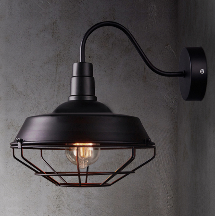 跨境专供美式壁灯loft复古工业风铁艺锅盖有网壁灯酒吧楼道餐厅灯