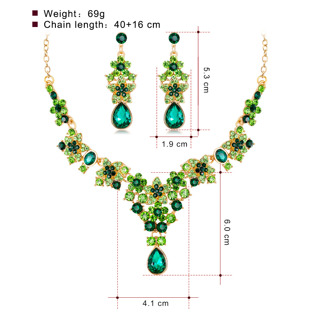 European and American Fashion Popular Ornament Multi-Color Crystal Bridal Necklace Set Wedding Jewelry All-Match Necklace and Earrings Suite