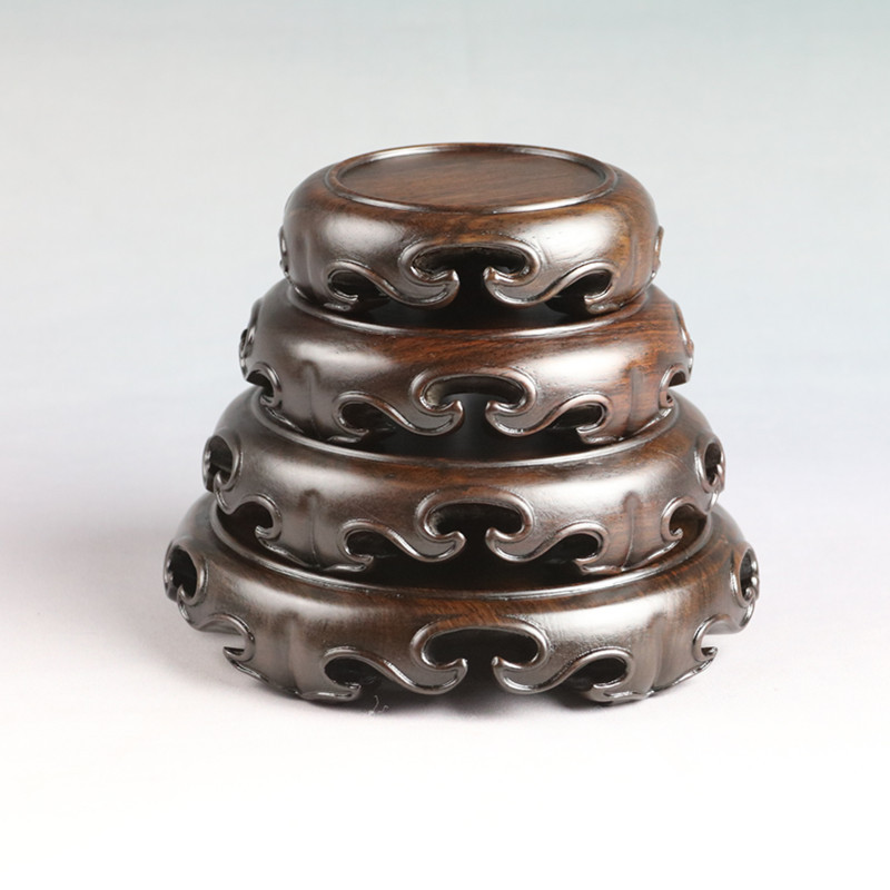 整木雕刻圆形如意底座 盆景茶壶香炉佛像花瓶摆件实木底座黑檀