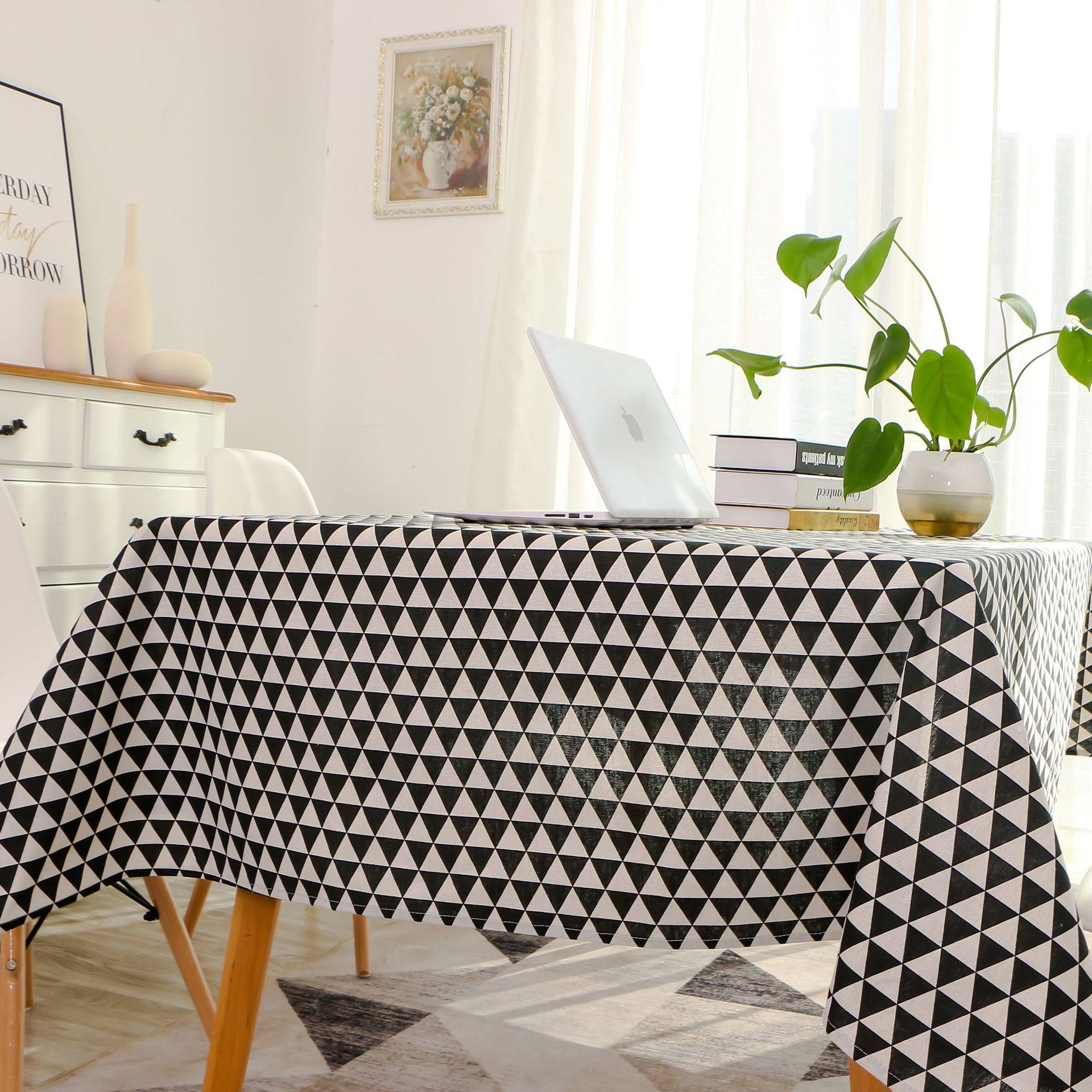 跨境专供 家用客厅长方形台布简约格子棉麻桌布艺家居拍照背景布
