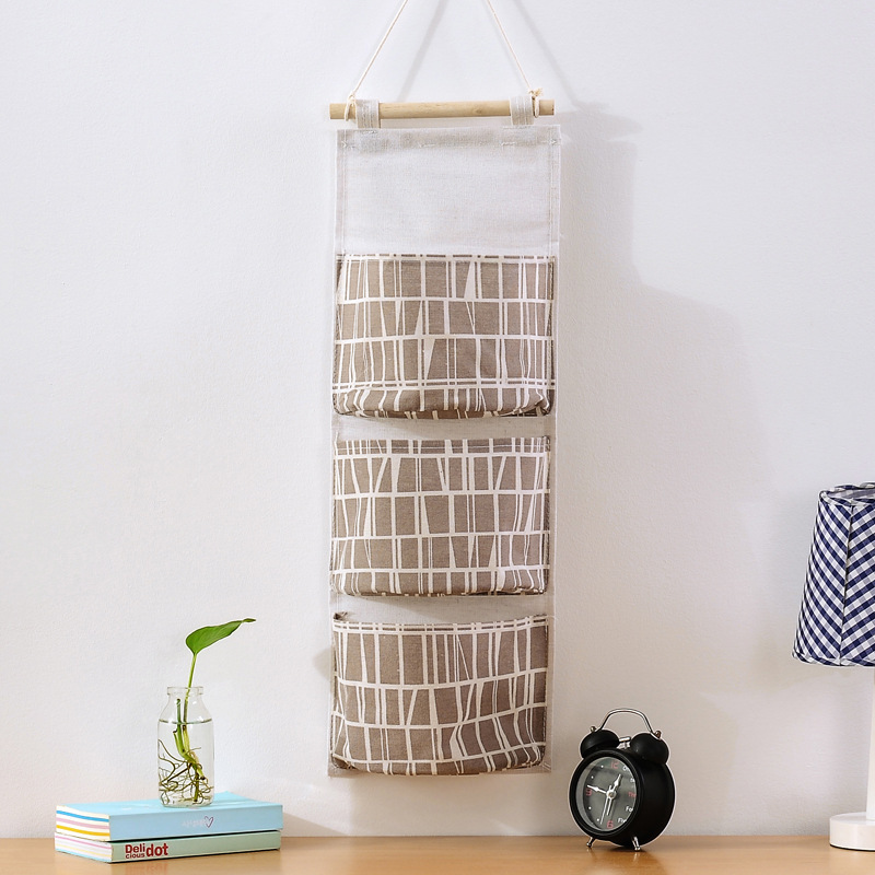 Cotton and Linen Multi-Layer 3 Grid Hanging Storage Bag Wall Storage Bag Fabric behind the Dormitory Door Hanging Storage Bag Hanging Bag