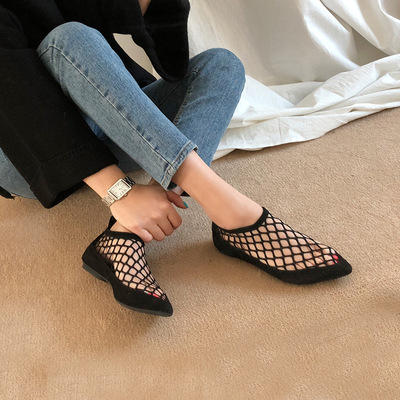 韩国春夏季新款女鞋欧美时尚潮流个性网面单鞋尖头鞋平底鞋渔网鞋