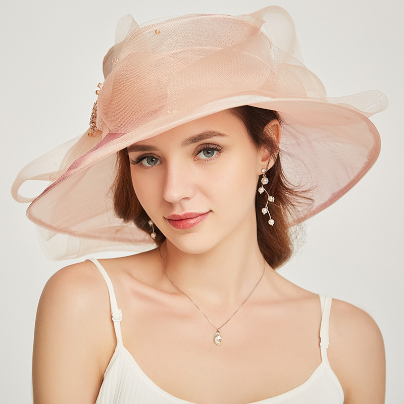 European and American Fashion Cool Organza Flat-Top Cap Women's Curling Embroidery Broad-Brimmed Hat Spring/Summer Sun Hat with Wide Brim