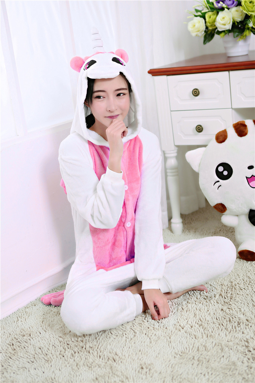 法兰绒粉独角兽卡通动物连体睡衣 演出服万圣节家居服kigurumi