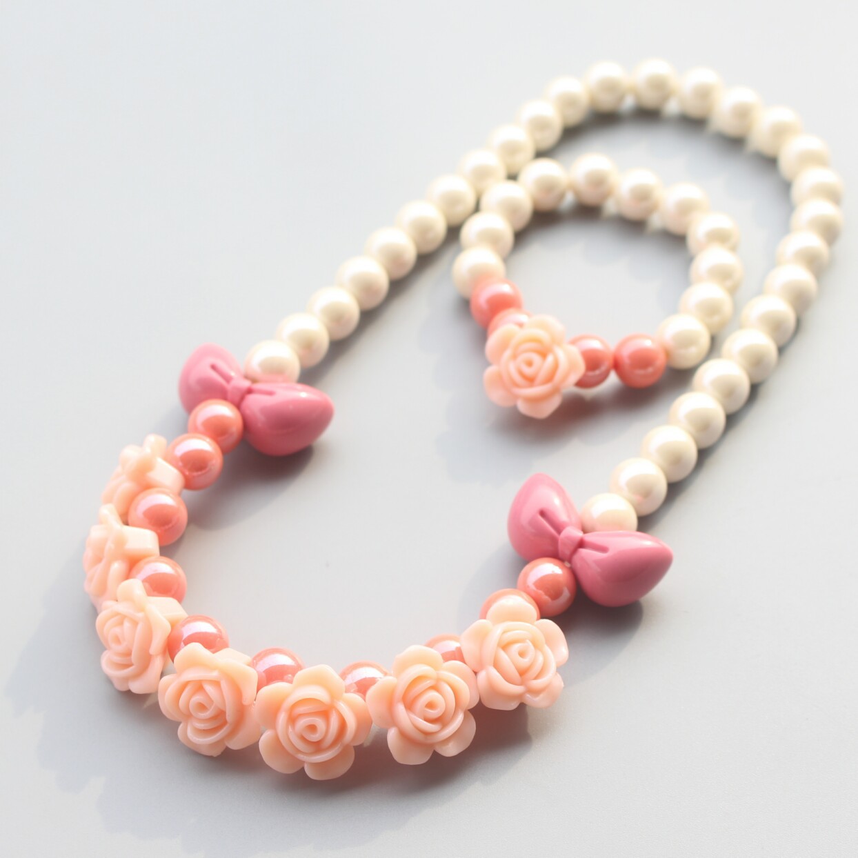 儿童项链马卡龙色花朵聚会配饰公主可爱女童饰品蝴蝶结珍珠链