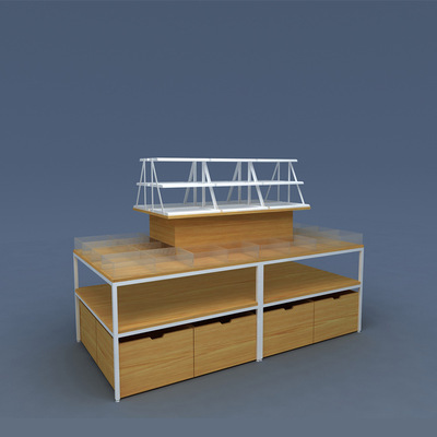 定制款名创优品餐具中岛柜多层 钢木结合商品展示架 化妆品展示柜