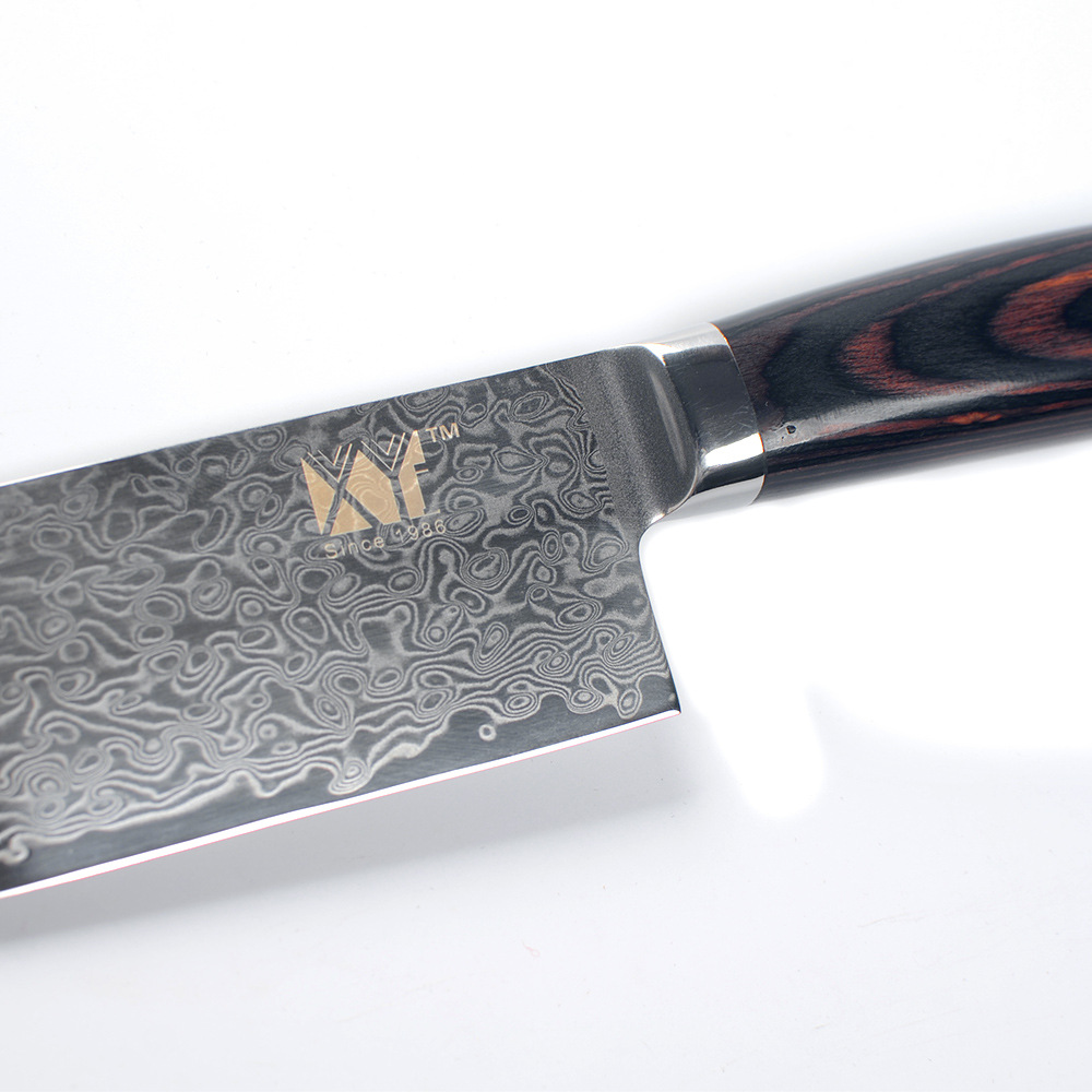 大马士革日式厨刀 深啡弯彩木柄7祥云纹菜刀 大马士革钢刀现货