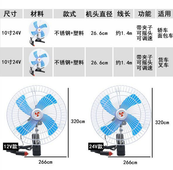 Summer Car Fan Truck 12V/24V Ultra-Strong Wind Car Electric Fan Metal Adjustable Speed Shaking Head Oversized