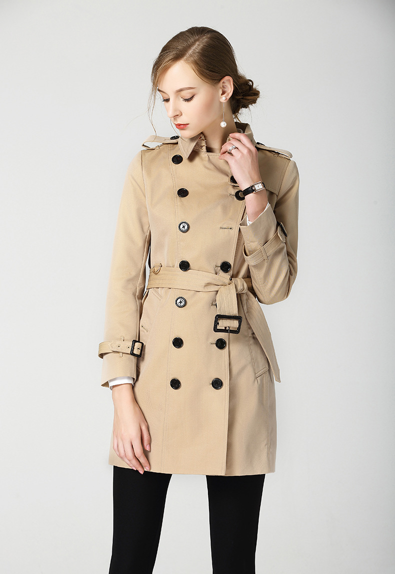 卡其色翻领双排扣长款防水风衣外套修身气质女装 高端品质