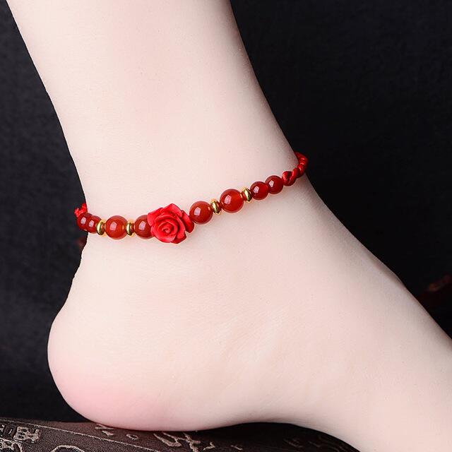 民族风红绳脚链女手工编织韩版简约复古红玛瑙饰品脚环足链
