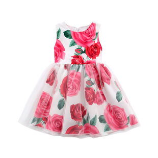 外贸批发女童夏季无袖玫瑰花朵网纱连衣裙儿童礼服公主裙