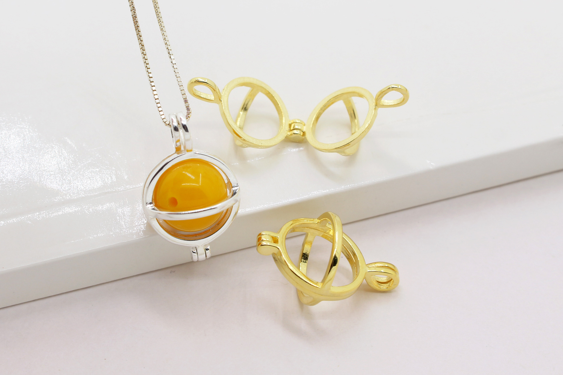 s925纯银镂空圆球形吊坠diy手工串珠配件可放珠子银吊球挂件