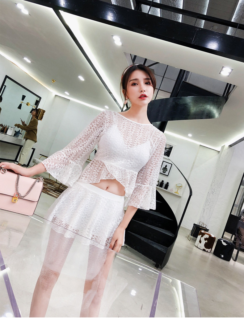 韩版蕾丝泳衣女分体裙式两件套蕾丝小胸聚拢温泉平角保守分体泳衣