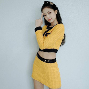 jennie金智妮同款黄色粗花呢撞色短款保暖修身上衣a字裙毛呢套装