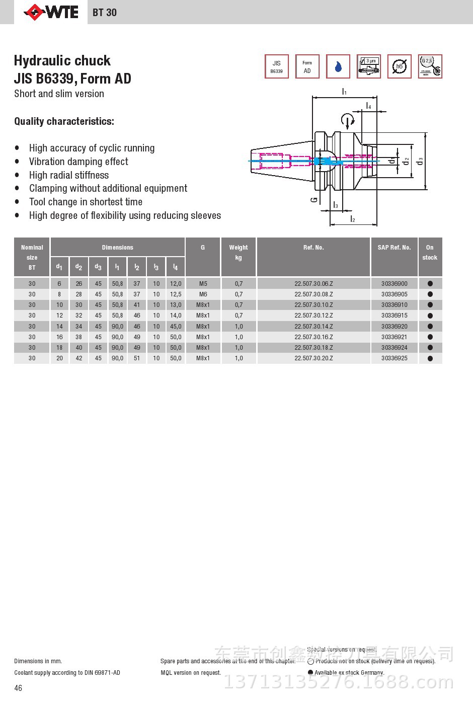 德国wte液压刀柄(隶属mapal集团) 22.507.30.08.z bt30-8-50.