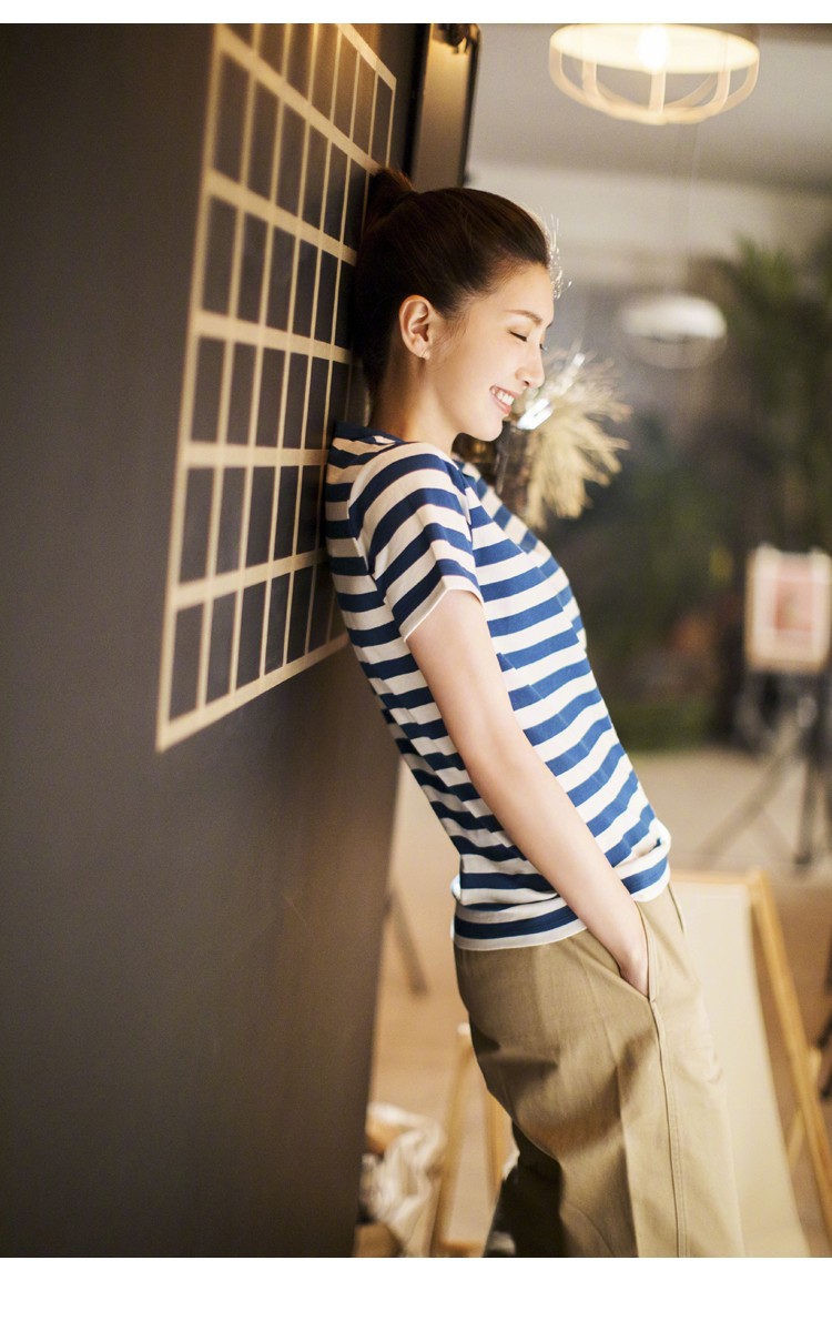 恋爱先生江疏影明星同款蓝色条纹短袖纯棉圆领休闲显瘦t恤上衣潮